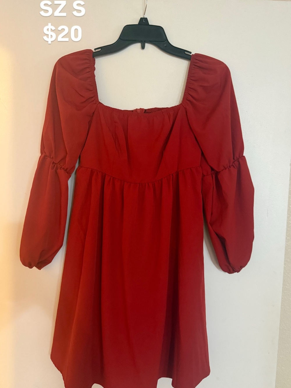 Rust Babydoll Mini Dress | Puff Sleeve Square Neck | S